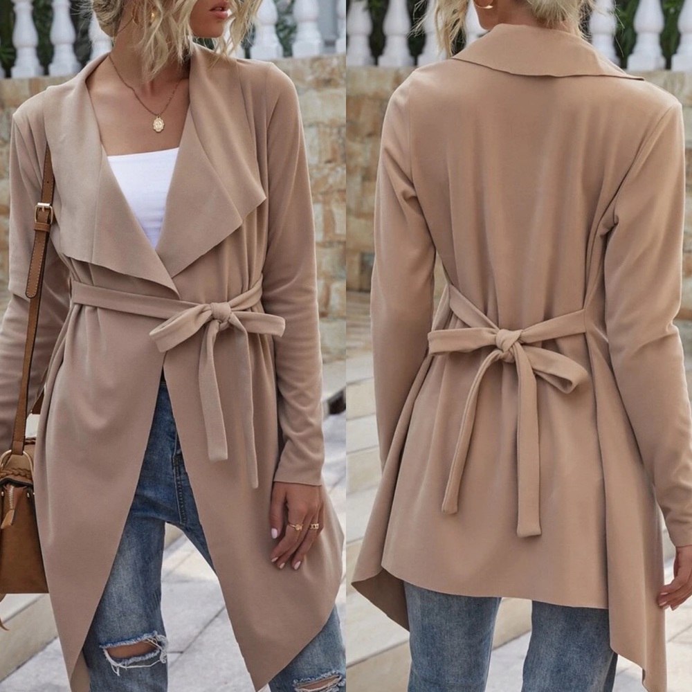 Fold over waterfall belted coat jacket tan boho - Picture 1 of 2